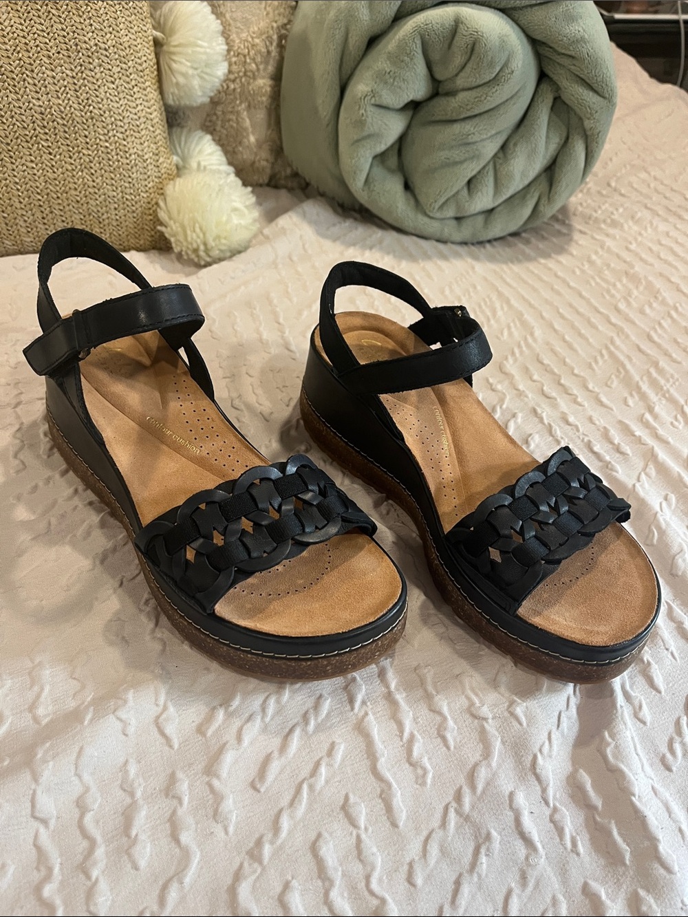 NWOT…Clarks Black Braided-Strap Platform Sandals